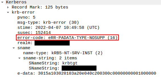 A Wireshark capture of a PKINIT attempt. We can see the error code "eRR-PADATA-TYPE-NOSUPP (16)"