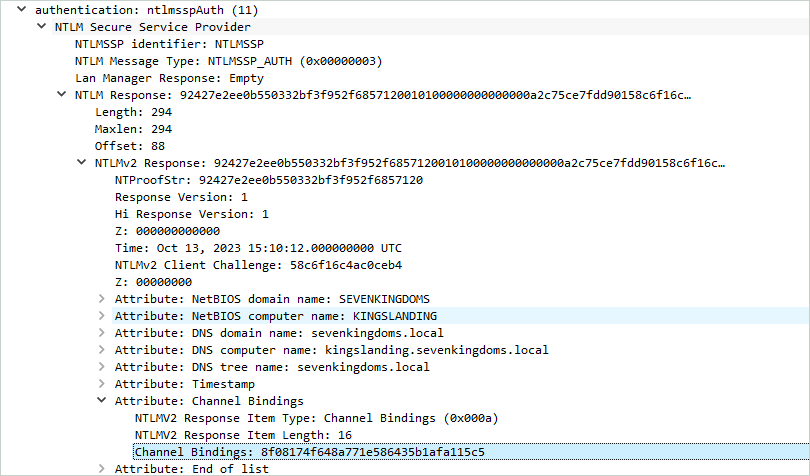 A screenshot of wireshark dissecting a NTLM AUTHENTICATE_MESSAGE with a channel binding token