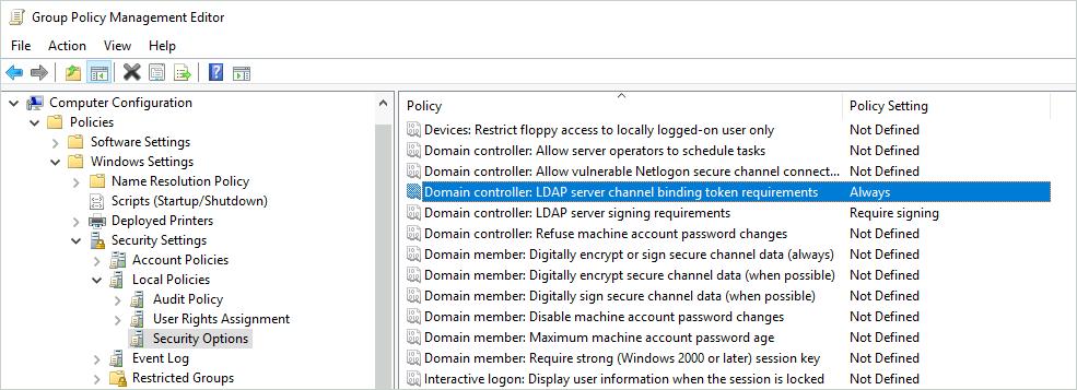 Screenshot of the Default Domain Controllers Policy with "LDAP server channel binding token requirements" set to "Always" 