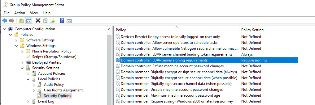 Screenshot of the Default Domain Controllers Policy with "LDAP server signing requirements" set to "Require signing" 