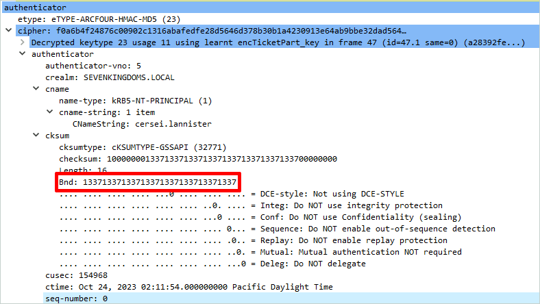 Wireshark capture that shows the authenticator part with a fake channel binding token