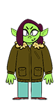 Ingreta Tude. She's a troll with long brown hair, wearing a brownish parka, and blue pants.