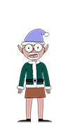 Dusty Giftwrap is an elf with glasses and a white beard. He's wearing a green coat with white fur, a brown skirt, black shoes, and a purple Christmas hat.