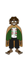 Rippin Proudboot is a Flobbit with brown skin with brown curly hait. He's wearing a white shirt, a green jacket, black pants. His hairy feet are bare.