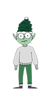 Sparkle Redberry is an elf with green skin. He's wearing a white sweater with green pants and purple shoes. He also has a green Christmas hat on his head. He looks non-plussed.