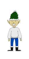 Tinsel Upatree is an elf with a white mustache, a white sweater, blue pants, black snow boots and a green Christmas hat.