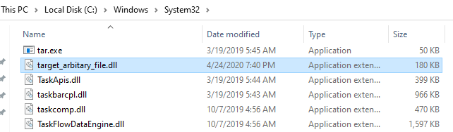 Our arbitrary file was correctly moved to C:\Windows\System32