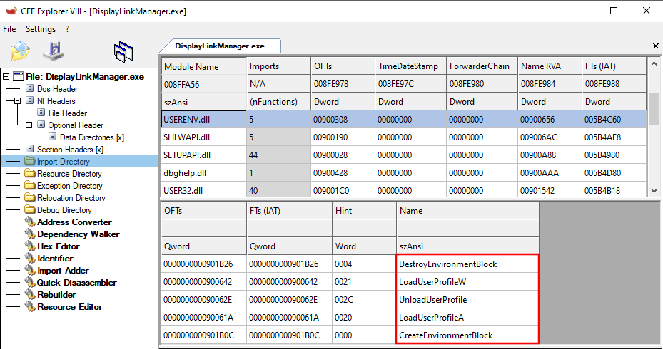 Looking at DisplayLink imports in CFF Explorer