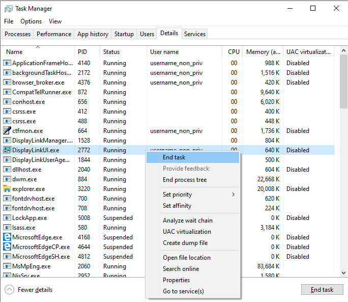 We kill DisplayLinkUI.exe in the task manager. Good night, sweet prince.