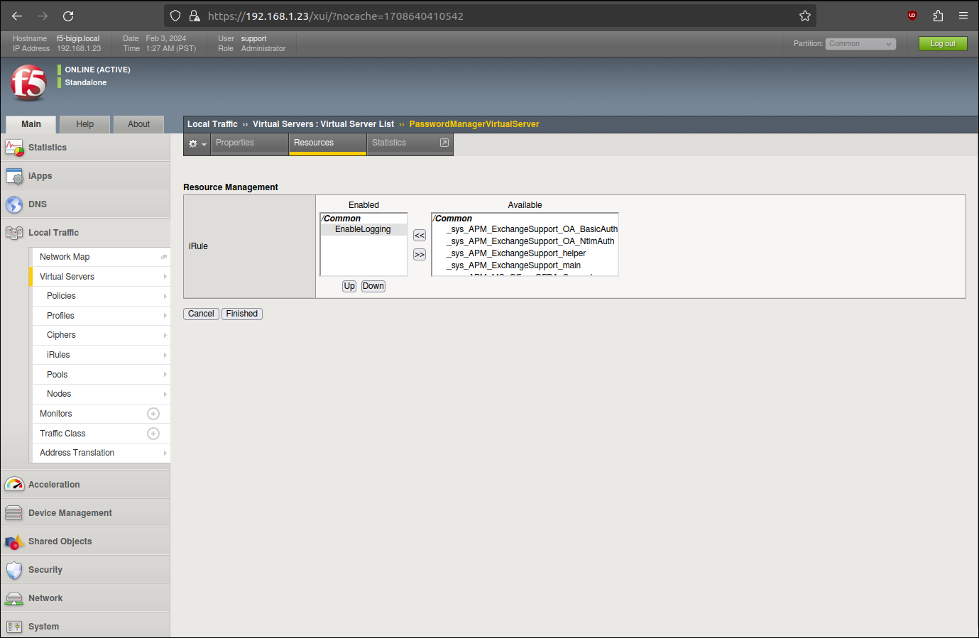Firefox screenshot: enable irule for the virtual server