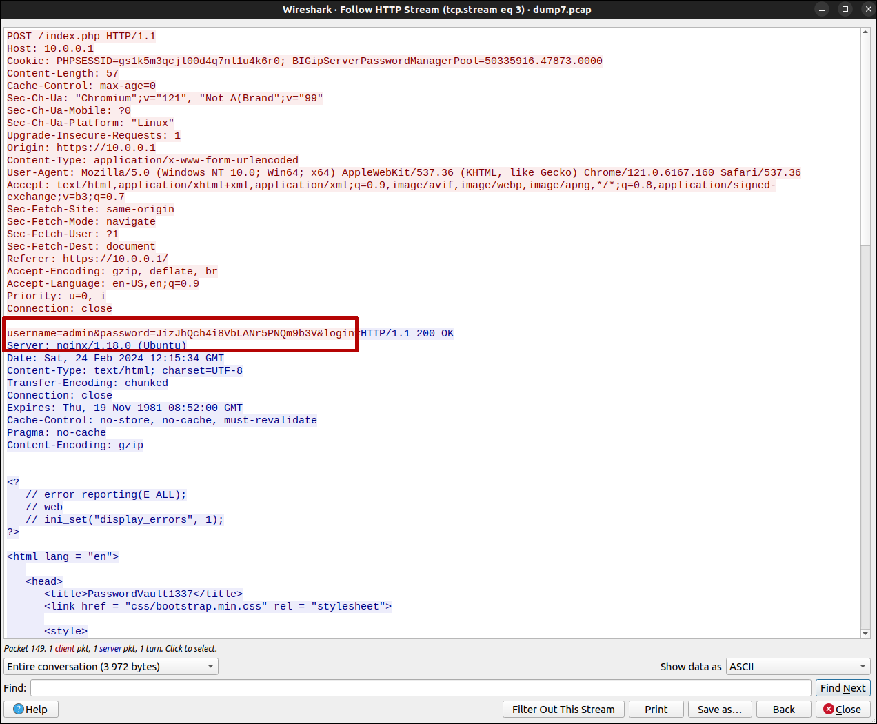 Wireshark screenshot: cleartext POST request with password