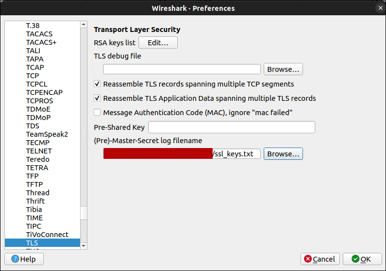 Wireshark screenshot: Wirehsark TLS options