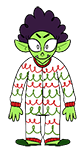 Grimy McTrollkins. They're a green troll wearing a white pajamas with a red- and green-Christmas light motif. They have frizzy dark hair.