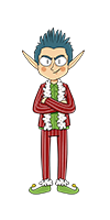 Jack Frost. He's wearing a red suit with white stripes, green shoes and a green shirt. He has pointy ears and blue spiky hair. His arms are crossed and he's smirking like a jerk.