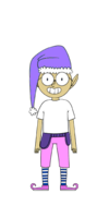 Jingle Ringford. He's an elf with pointy ears. He's wearing a white t-shirt, pink trousers and pink shoes, socks with stripes. He also has a purple christmas hat on his head. He's wearing glasses and grinning.
