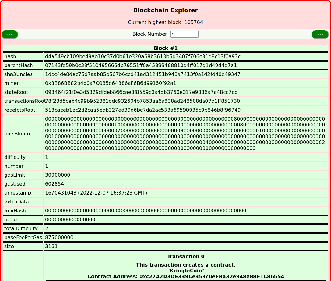 The Blockchain Explorer showing block #1. This says "This transaction creates a contract. KringleCoin". The address of the contract is then given.