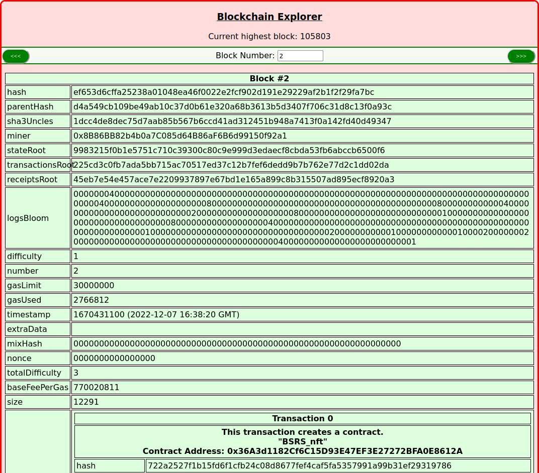 The Blockchain Explorer showing block #2. This says "This transaction creates a contract. BSRS_nft".