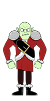 Brozeek is a Sporc. Basically an orc: Green skin, square jaw, bald head. He's wearing a long red coat, black pants, black snow shoes, a giant black belt with a golden buckle across his chest, and two spaulders.