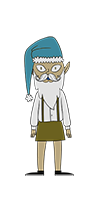 Dusty Giftwrap is an elf with almond-shaped eyes, a beard and glorious mustache. He's wearing a white shirt, with a brown skirt and suspenders, and black shoes. He's wearing a turquoise Christmas hat.