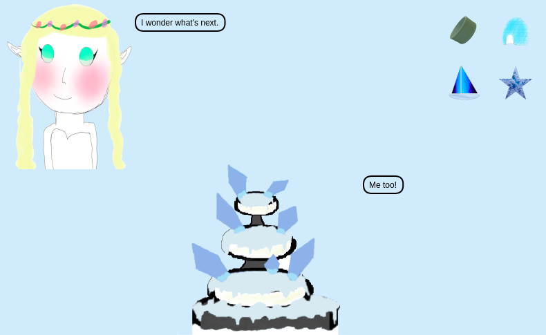 The web interface of Glamtariel's fountain. We see Glamtariel, her fountain, and four small images of a ring, an igloo, a sailing ship, and a five-pointed star.