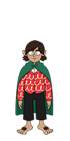 Hal Tandybuck is a Flobbit with light skin. He's wearing a red sweater with white loops, black pants and a green cape. He has hairy bare feet.