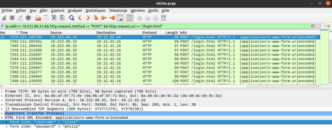 The Wireshark's interface with the result of our filtering. We can see that the first login tried by the attacker is alice.