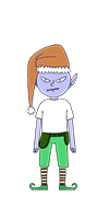 Tangle Coalbox is a blue-skinned elf with a white T-Shirt, bright green pants, red- and white-striped socks, bright green pointy elf shoes, and an orange-brownish Christmas hat.
