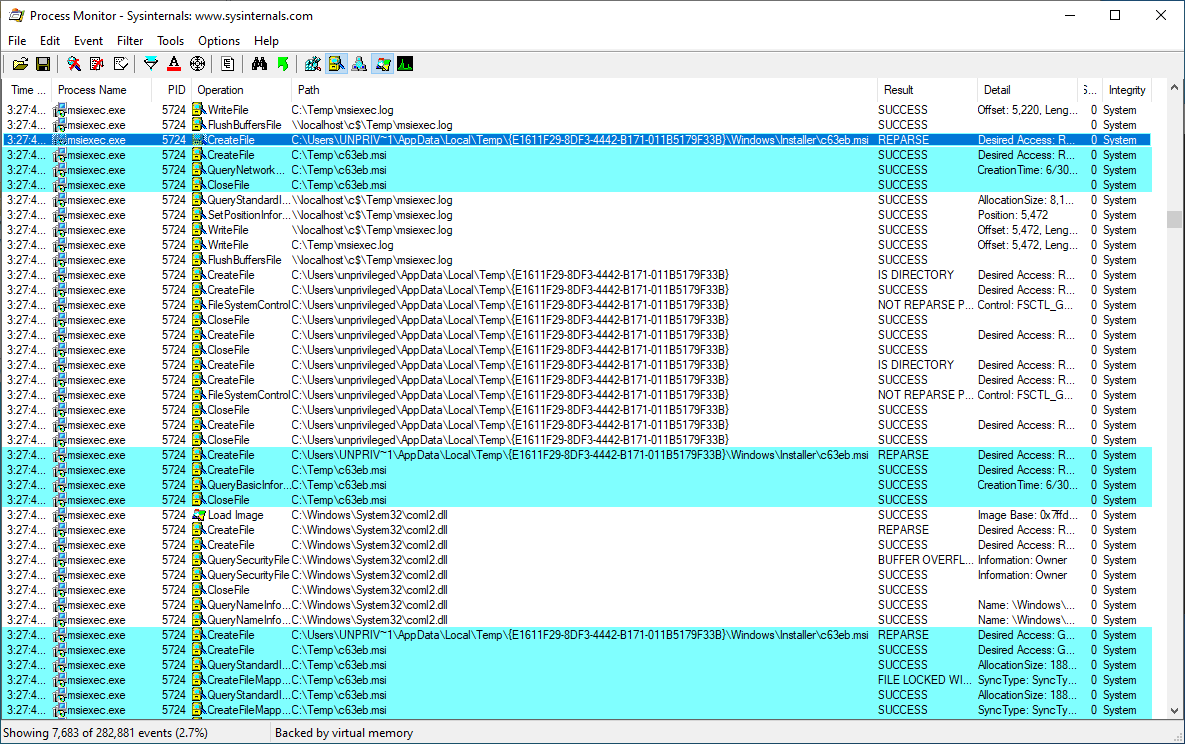 Procmon showing msiexec accessing the fake MSI file