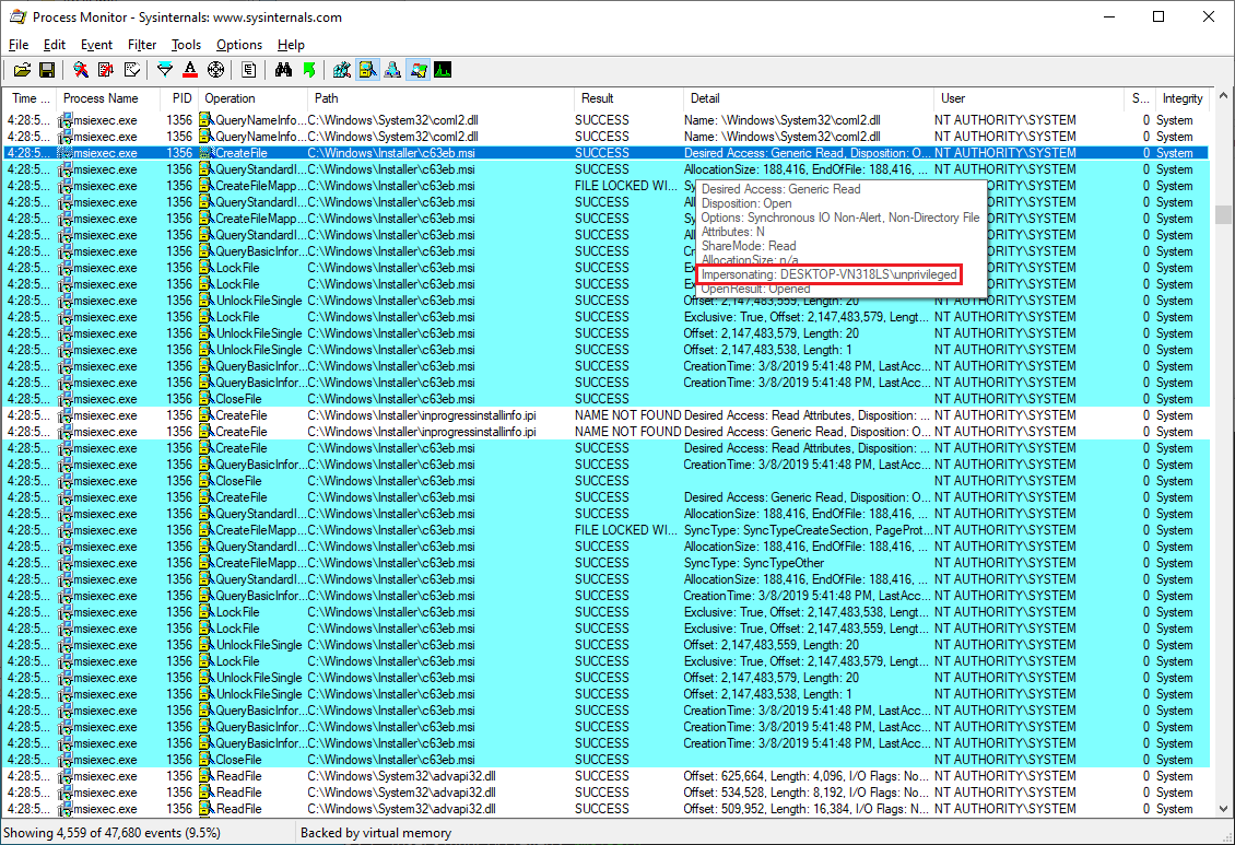 Procmon showing msiexec accessing the MSI file while impersonating the user